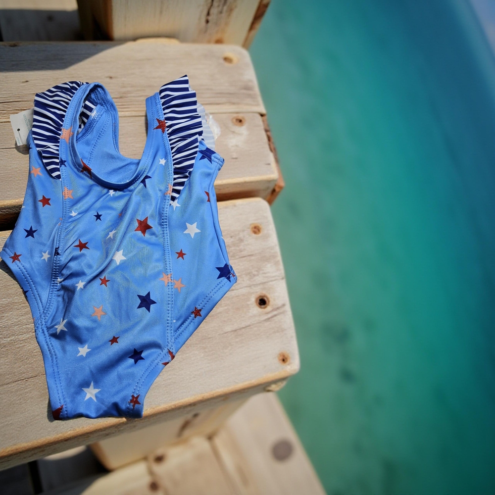 1 NWT Outdoor Oasis size 3/6 mos Blue One Piece Swimsuit with Star Pattern